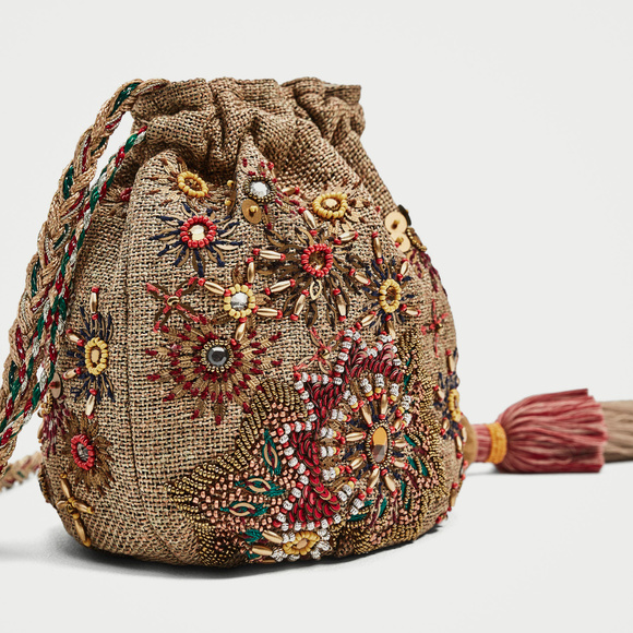 Zara Beaded Bucket Jute Tassel Mini Crossbody c - Picture 3 of 6